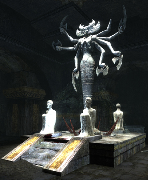 скриншот из Dark Messiah M&M: статуя Асхи (Эши) в Храме Паука - темнейшее из лиц Асхи